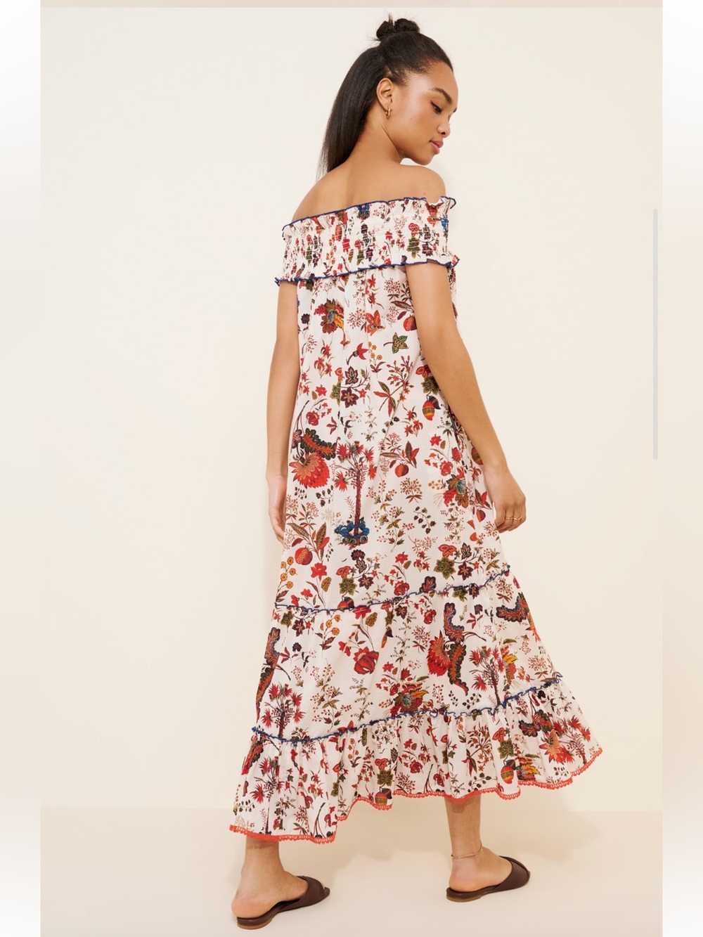 Payal Jain Bohemian Off-Shoulder Floral Maxi Dress in Cream and Red - Picture 2 of 8
